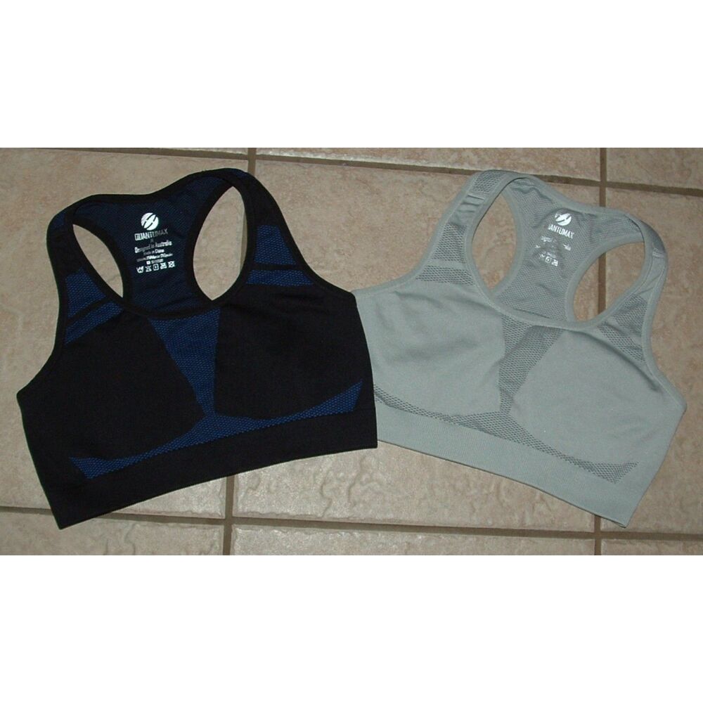 QUANTUMMAX Gray & Black Sz Medium Wirefree Stretch Racerback Sports Bra 2 Pc Lot